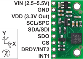 L3G4200D 3-axis gyro carrier with voltage regulator, labeled top view
